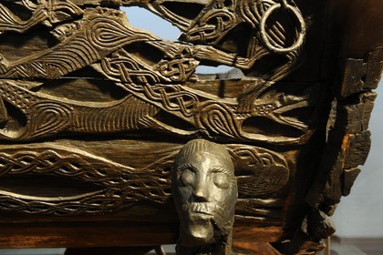 Norway, Oslo, Bygdoy Peninsula, Viking Boats Museum, objects found in Oseberg tomb of the 9th century, charriot detail