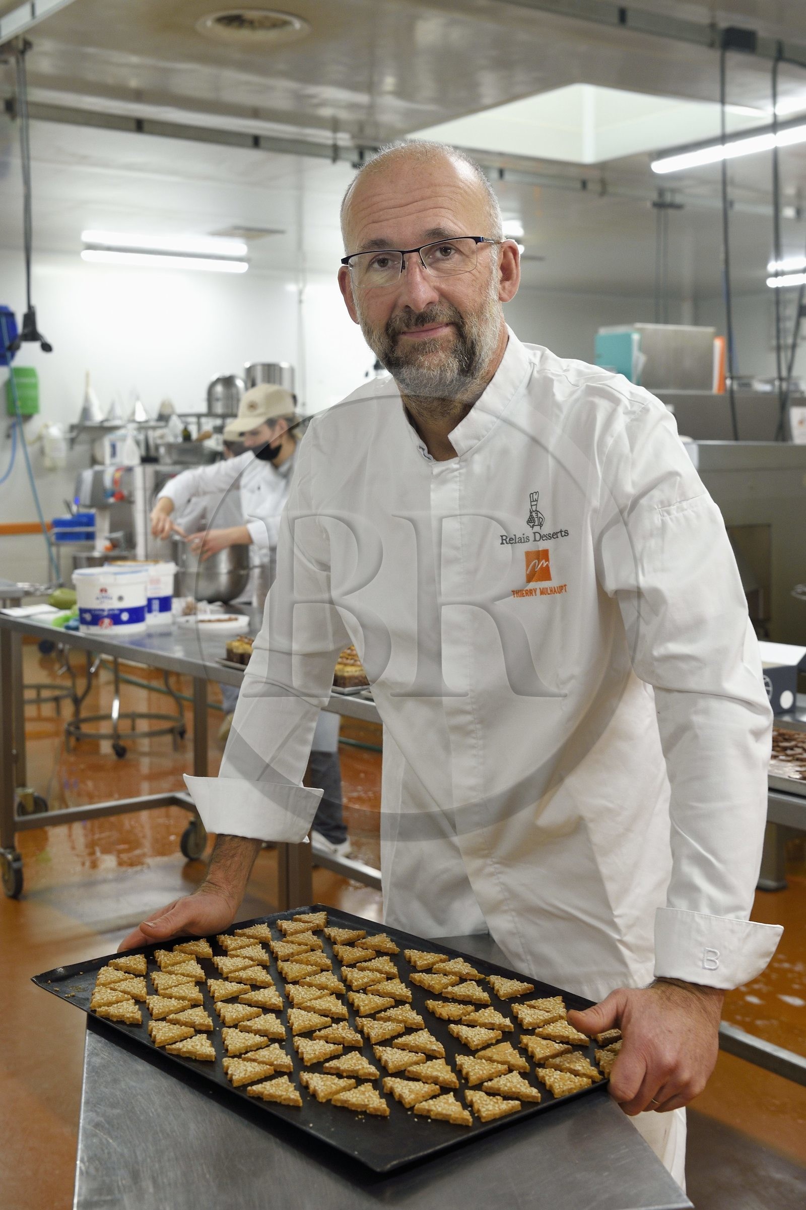 France, Bas Rhin, Munlhdolseim, pastry chocolatier Thierry Mulhaupt in his workshop, salty bredele (biscuits) platter