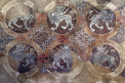 France, Haute Loire, Le Puy en Velay, Routes of Santiago de Compostela, the Our Lady (Notre-Dame-de-l'Annunciation) cathedral listed as World heritage by UNESCO, home of the clergeons, apartment of the dean, 12th century Griffins room, pictorial reproduction of griffin motifs from the most expensive Byzantine fabrics of the time