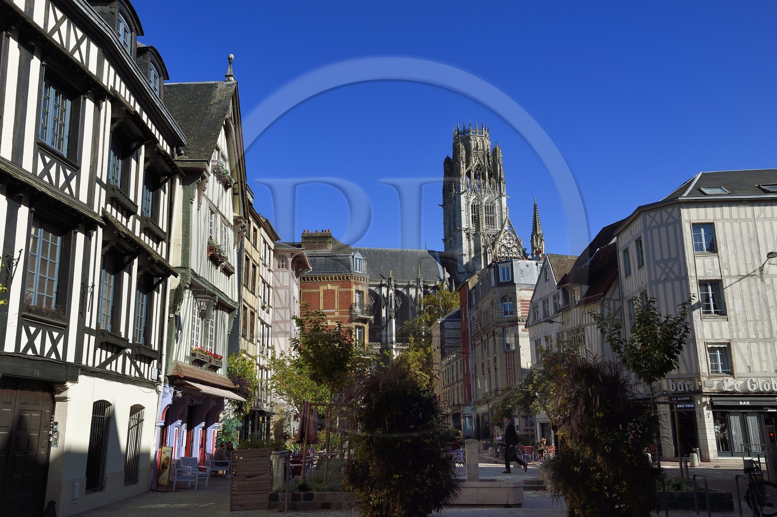 France, Seine-Maritime (76), Rouen, maisons à pans de bois place du Lieutenant Aubert et l'abbatiale Saint-Ouen en arrière plan