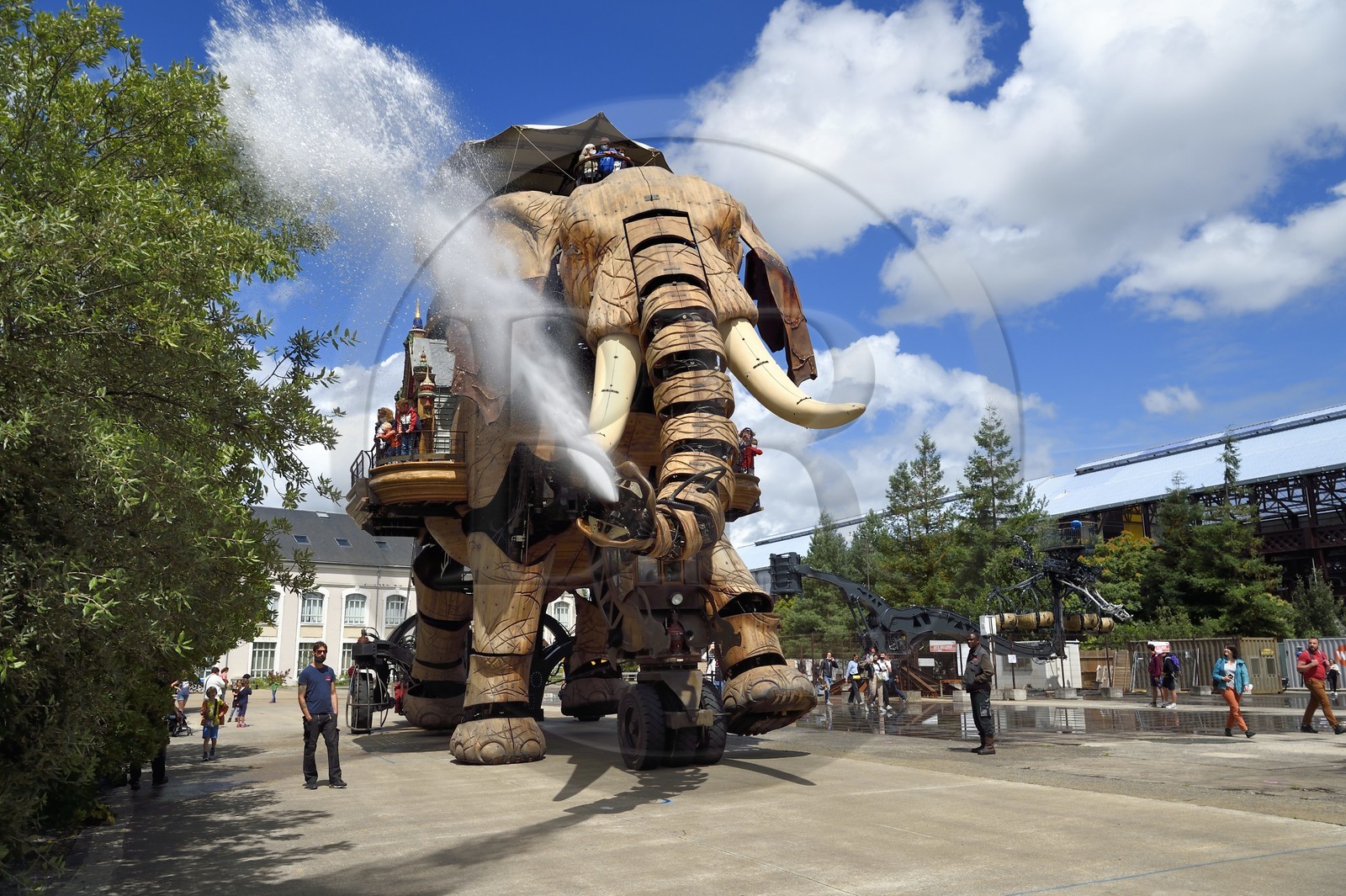 France, Loire-Atlantique (44), Nantes, Les Machines de l'Ile, projet artistique conçu par François Delarozière et Pierre Orefice, le Grand Eléphant et les hangars des anciens chantiers navals en arrière plan