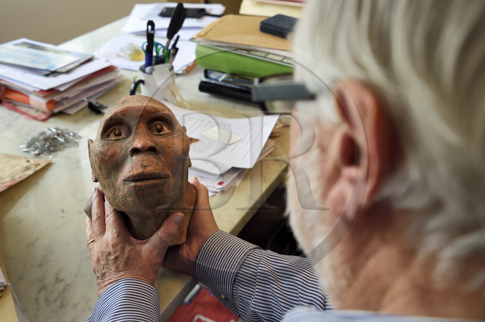 France, Paris (75), le paléontologue et paléoanthropologue Yves Coppens, professeur émérite au Collège de France, au bureau de son domicile parisien, il tient en main la reproduction supposée du visage de Lucy
