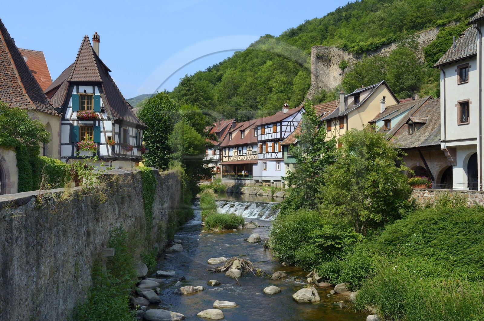France, Haut-Rhin (68), Kaysersberg, maisons traditionnelles au bord de la rivière Weiss