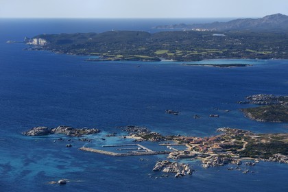 France, Corse du Sud, Bonifacio, Cavallo Island and the cliffs of Bonifacio in the background (aerial view)