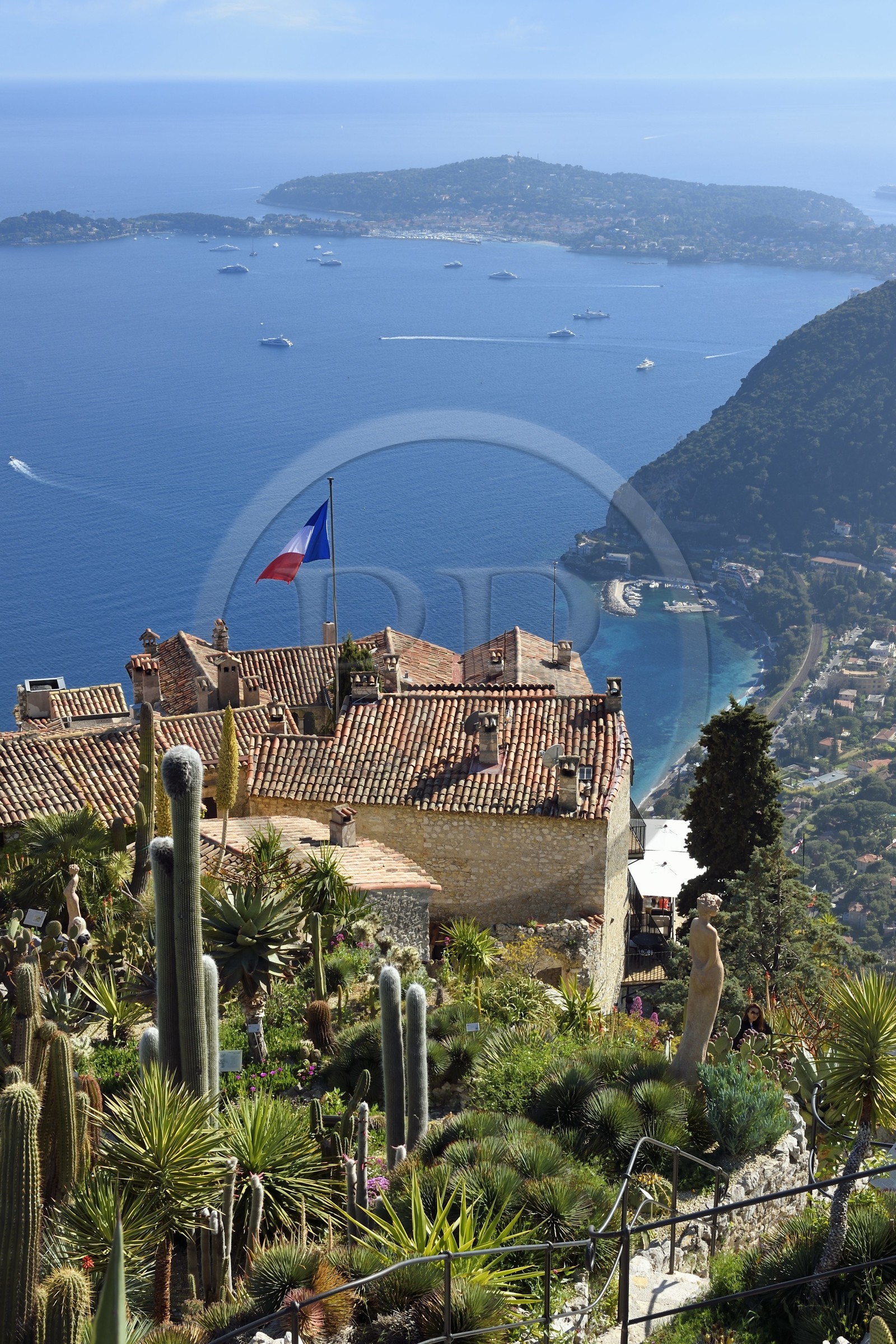 France, Alpes Maritimes, the hilltop village of Eze and its Exotic Garden, Saint Jean Cap Ferrat in the background