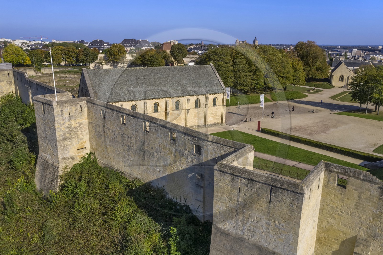 France, Calvados, Caen, the ducal castle of William the Conqueror, the Exchequer hall (salle de l'Echiquier) and the ramparts (aerial view)