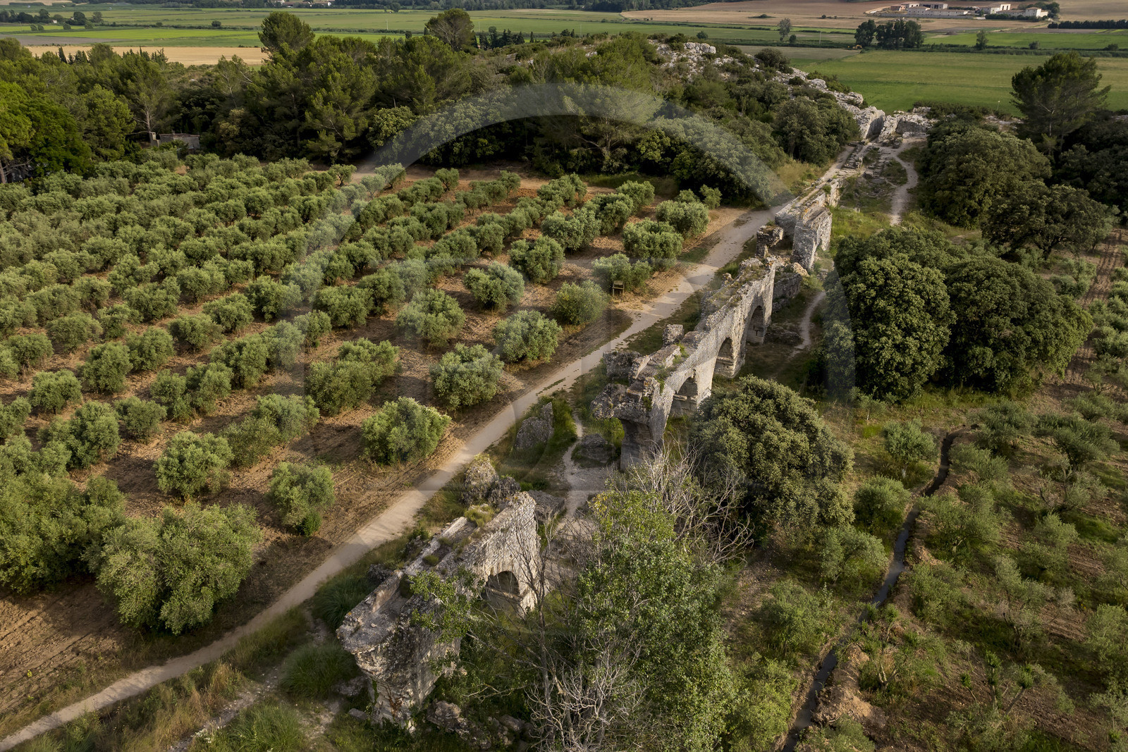 France, Bouches du Rhone, Fontvieille, chemin de Caparon, Barbegal aqueduct Gallo-Roman remains, aqueduct which was doubled to supply the 16 mills of the Barbegal flour mill in the 2nd century (aerial view)