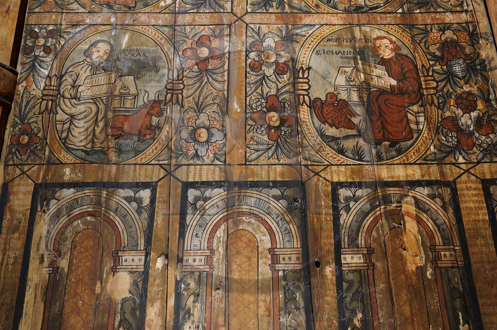 Norway, Oslo, Bygdoy Peninsula, Norsk Folkemuseum (Norwegian Folk Museum), Gol stave wooden church, 17th century paintings of the apse