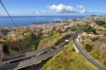 Portugal, Madeira Island, Funchal, the cable car that connects the historic district in the lower town to the tropical garden in the heights, expressways and road tunnels