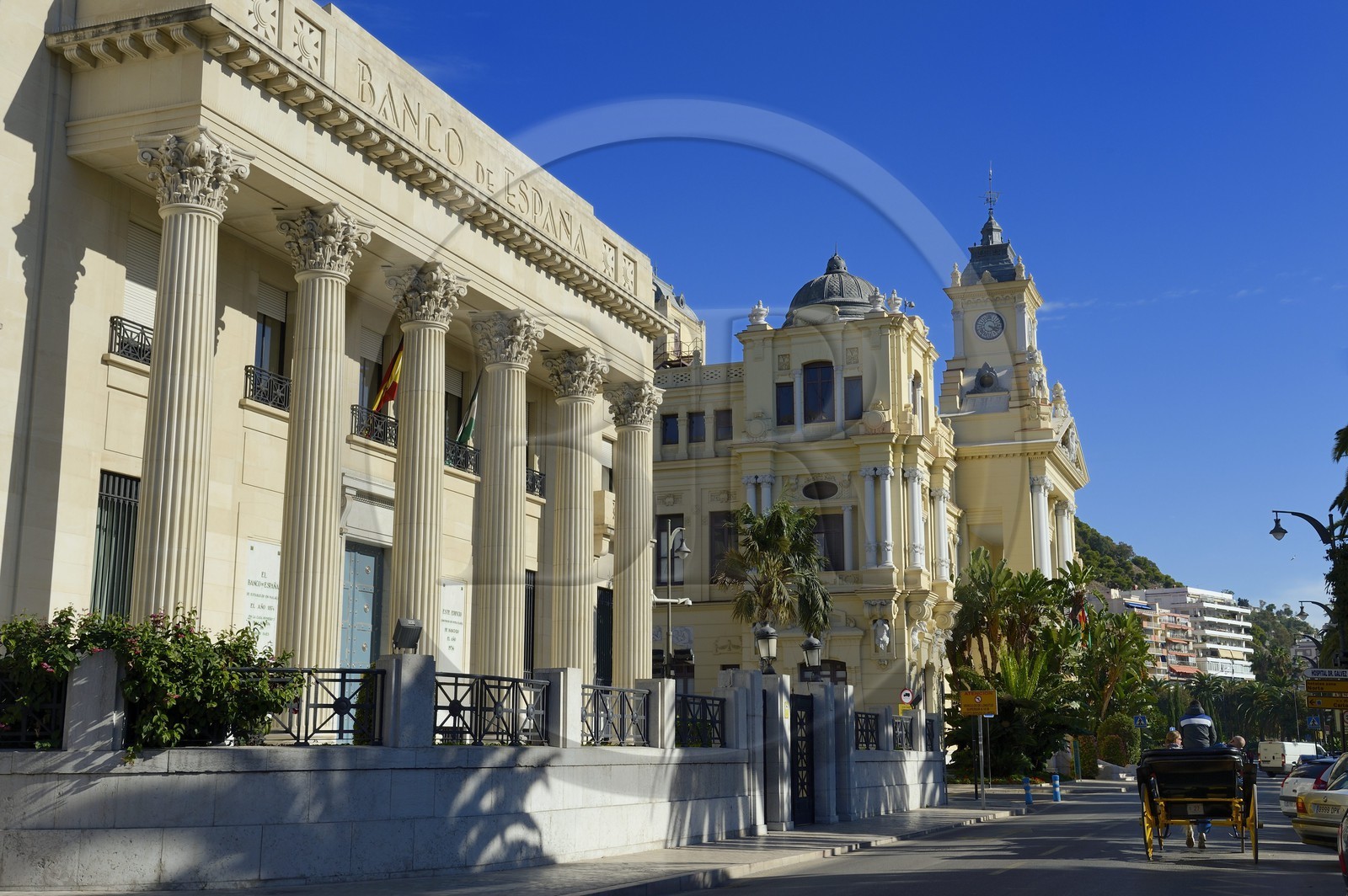 Spain, Andalusia, Malaga, the Bank of Spain and the City Hall
