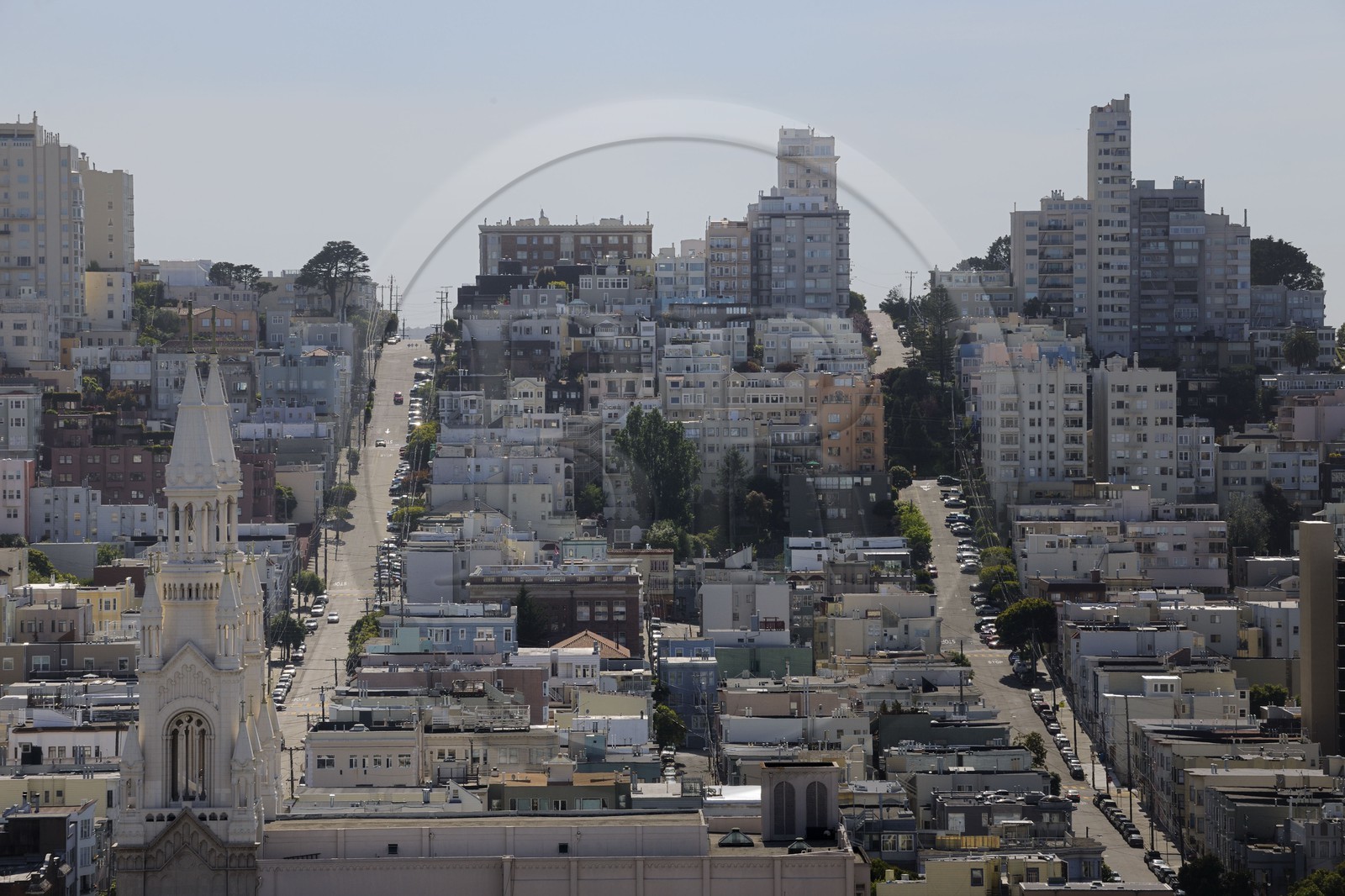 United States, California, San Francisco, Russian Hill District and spires of the church St Peter and St Paul at North Beach