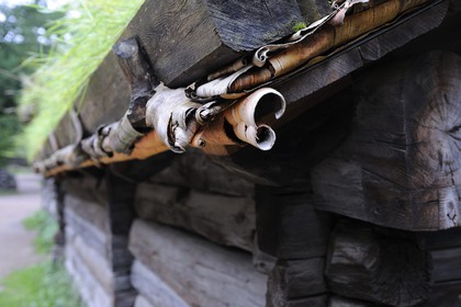 Norvège, Oslo, presqu'île de Bygdoy, musée du Folklore norvégien (Norsk Folkemuseum), ferme ancienne transplantée dans l'Ecomusée, isolation en écorce de boulot