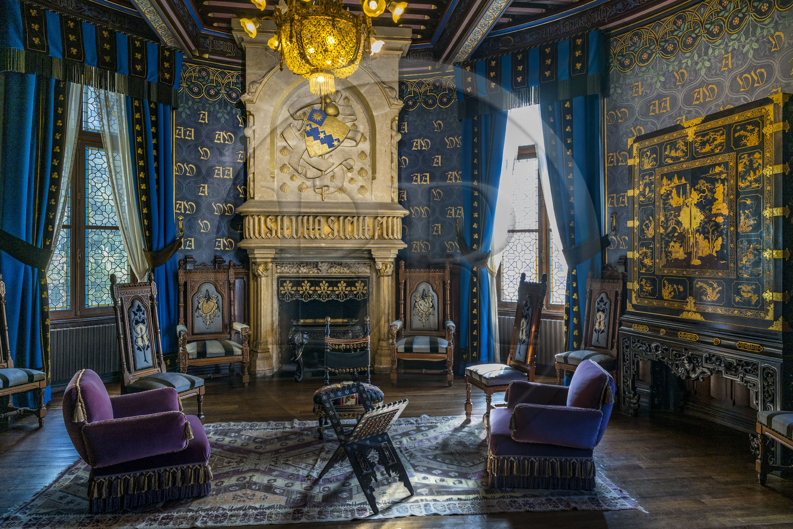 France, Pyrenees Atlantiques, Basque Country coast, Hendaye, Abbadia castle built in 1870 by Eugène Viollet-le-Duc for Antoine d'Abbadie d'Arrast, the living room