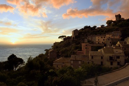 France, Haute Corse, Cap Corse, the hilltop village of Nonza and the Paoline Tower (Torra paolina)