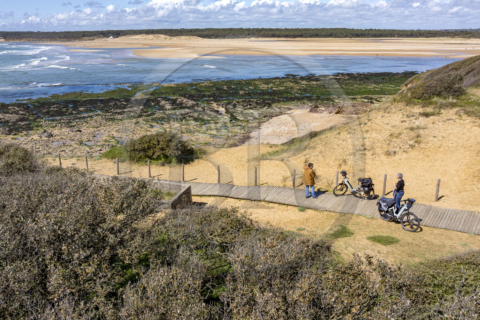 France, Vendée (85), Talmont-Saint-Hilaire, cyclistes à la Pointe du Payré, la plage du Veillon et estuaire de la rivière Payré (vue aérienne)