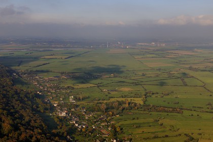 France, Eure, Saint-Samson-de-la-Roque, the Marais-Vernier on the left bank of the Seine estuary, the village of Marais-Vernier oin the foreground and the Tancarville bridge in the background