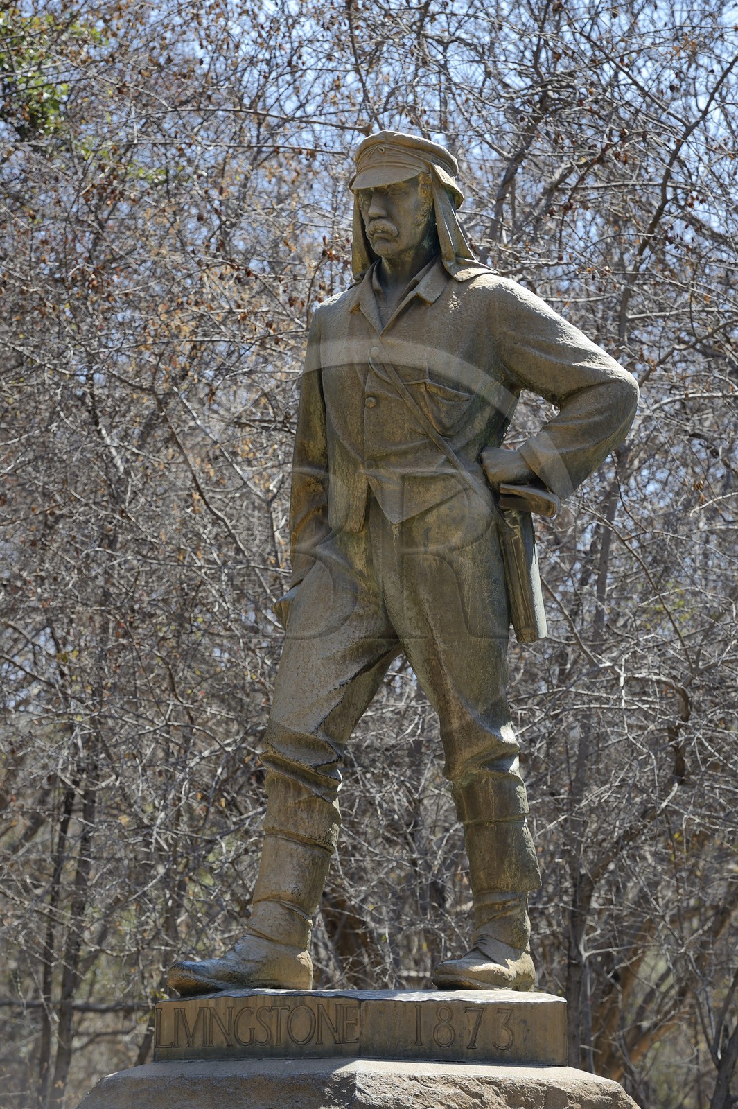 Zimbabwe, Matabeleland North Province,  Zambesi River, the Victoria Falls, listed as World Heritage by UNESCO, statue of the explorer Livingstone