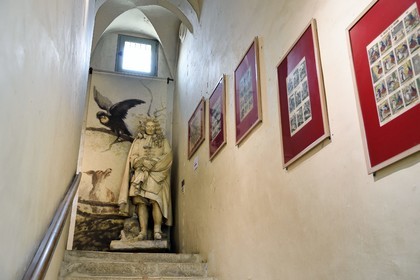 France, Aisne, Château-Thierry, Jean de La Fontaine Museum - city of Chateau-Thierry in the birthplace of the poet and writer, statue (19th century plaster) of Jean de La Fontaine by sculptor Gabriel Seurre in the grand staircase