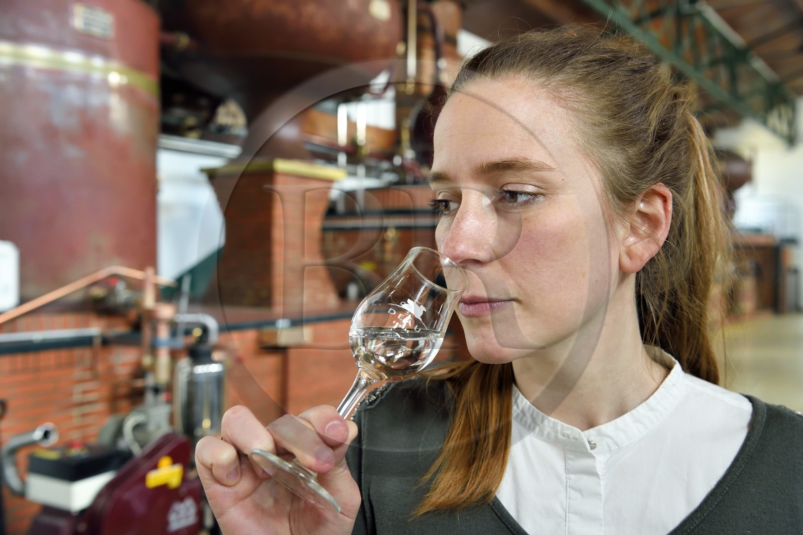 France, Charente (16), Sireuil, Distillerie des Moisans, la responsable du développement des activités commerciales Laurette Didière sent l'eau-de-vie de vin qui deviendra du cognac