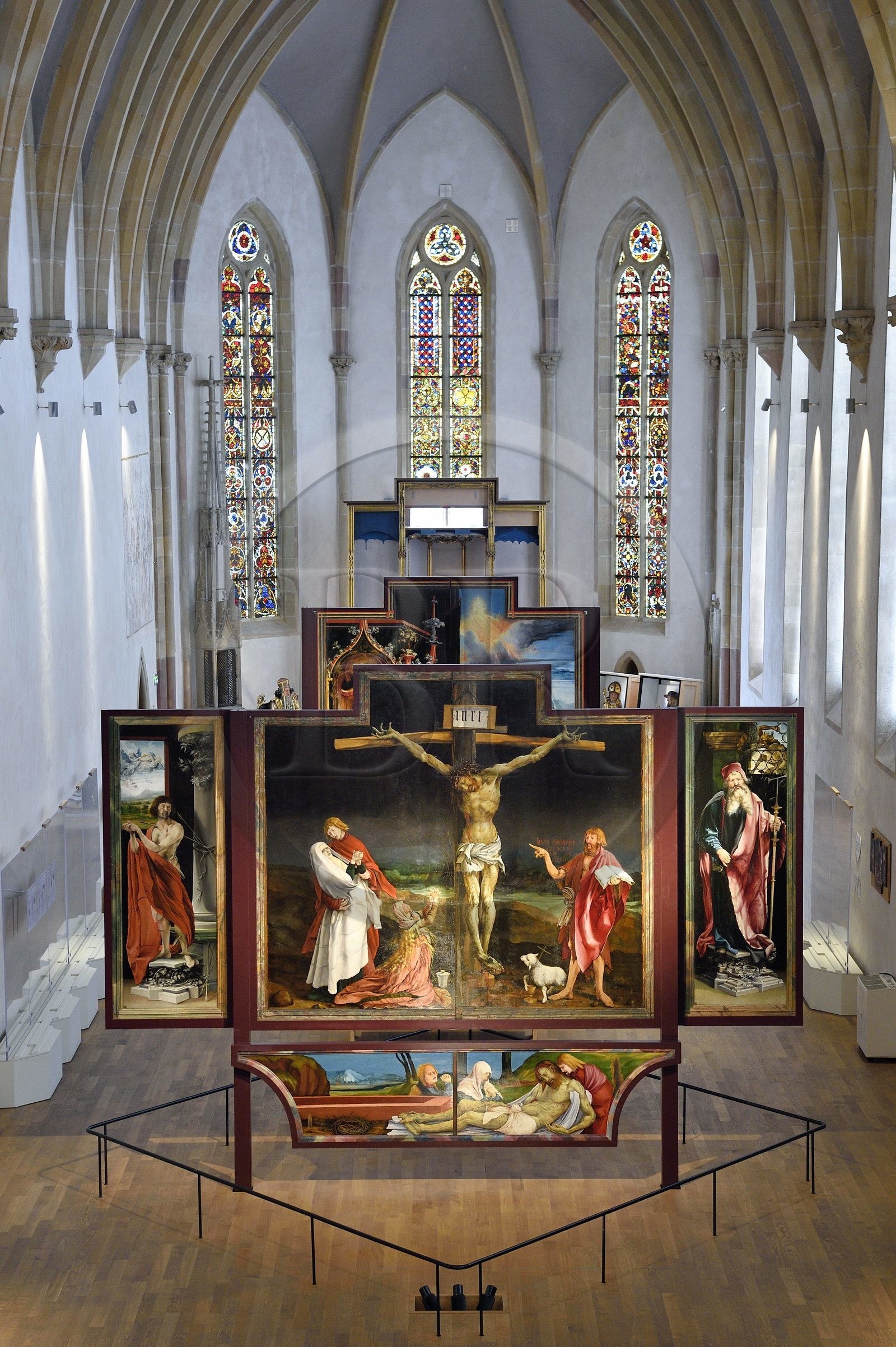 France, Haut-Rhin (68), Colmar, le musée Unterlinden, le retable d'Issenheim attribué à Grünewald, scène de la Crucifixion et Mise au tombeau