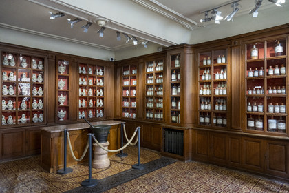 France, Côte-d'Or (21), Beaune, zone classée Patrimoine Mondial de l'UNESCO, Hospices de Beaune, l'Hôtel-Dieu, flacons en verre et collection de pots en faïence à décors verts du 18e siècle dans la pharmacie ou apothicairie