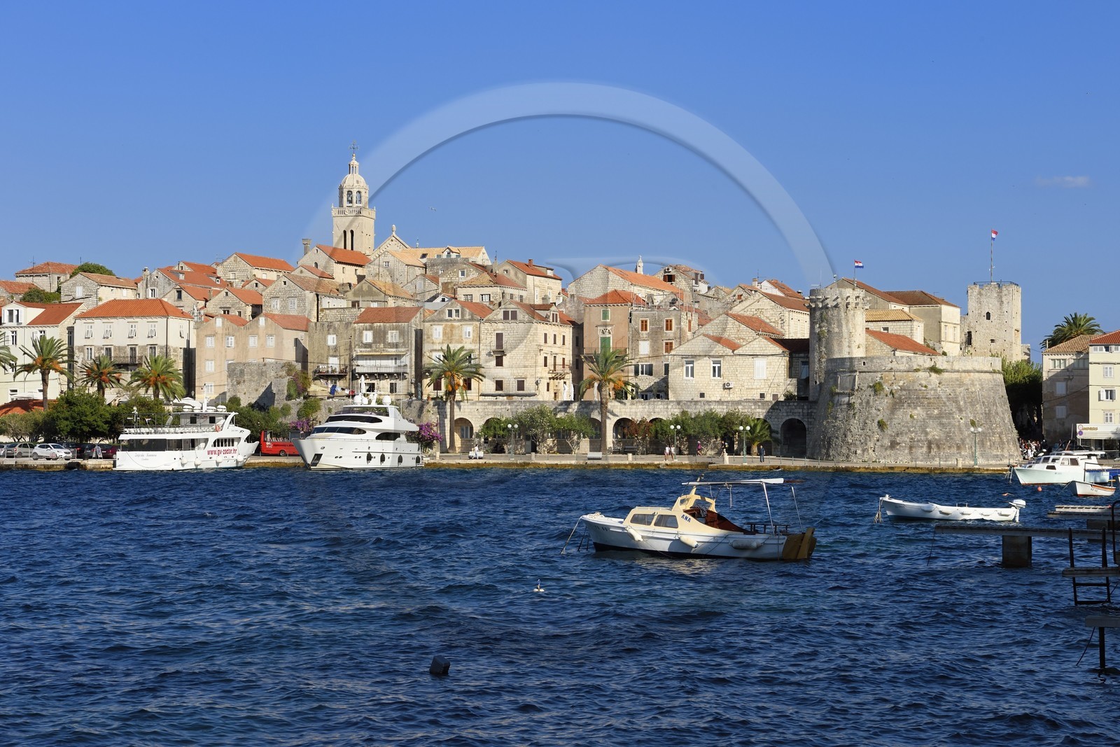 Croatia, Dalmatia, Dalmatian coast, Korcula Island, Korcula Town and defense tower on the port