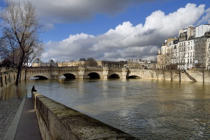 France, Paris (75), les rives de la Seine, classées Patrimoine Mondial de l'UNESCO, la crue de la Seine de janvier 2018, le Pont Neuf et le quai des Orfèvres