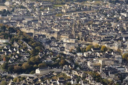 France, Finistere, Quimper, St Corentin Cathedral in the city center and the banks of the Odet river (aerial view)