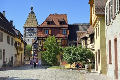 France, Haut Rhin, the Alsace Wine Route, Bergheim, place du Docteur-Pierre-Walter and the high gate dating from the 14th century