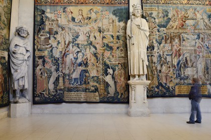 France, Marne, Reims, Palais du Tau, listed as World Heritage by UNESCO, Coronation of the Virgin hall, tapestries depicting the history of the life of the Virgin and statues of the Kings Gallery coming from the Cathedral