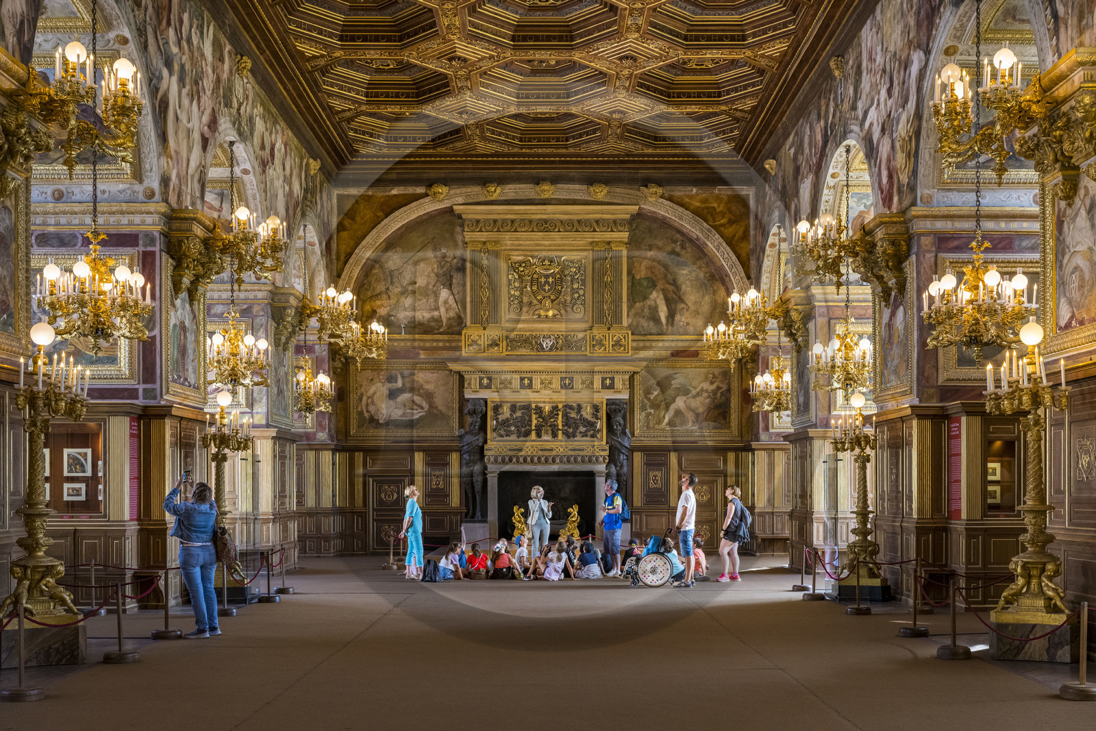 France, Seine-et-Marne, Fontainebleau, castle of Fontainebleau listed as World Heritage by UNESCO, the ballroom with a coffered ceiling decorated with gold and silver