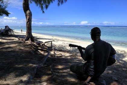France, Reunion Island (French overseas department), West Coast, Saint Gilles les Bains lagoon beach at l'Ermitage les Bains, guitar player under casuarina trees