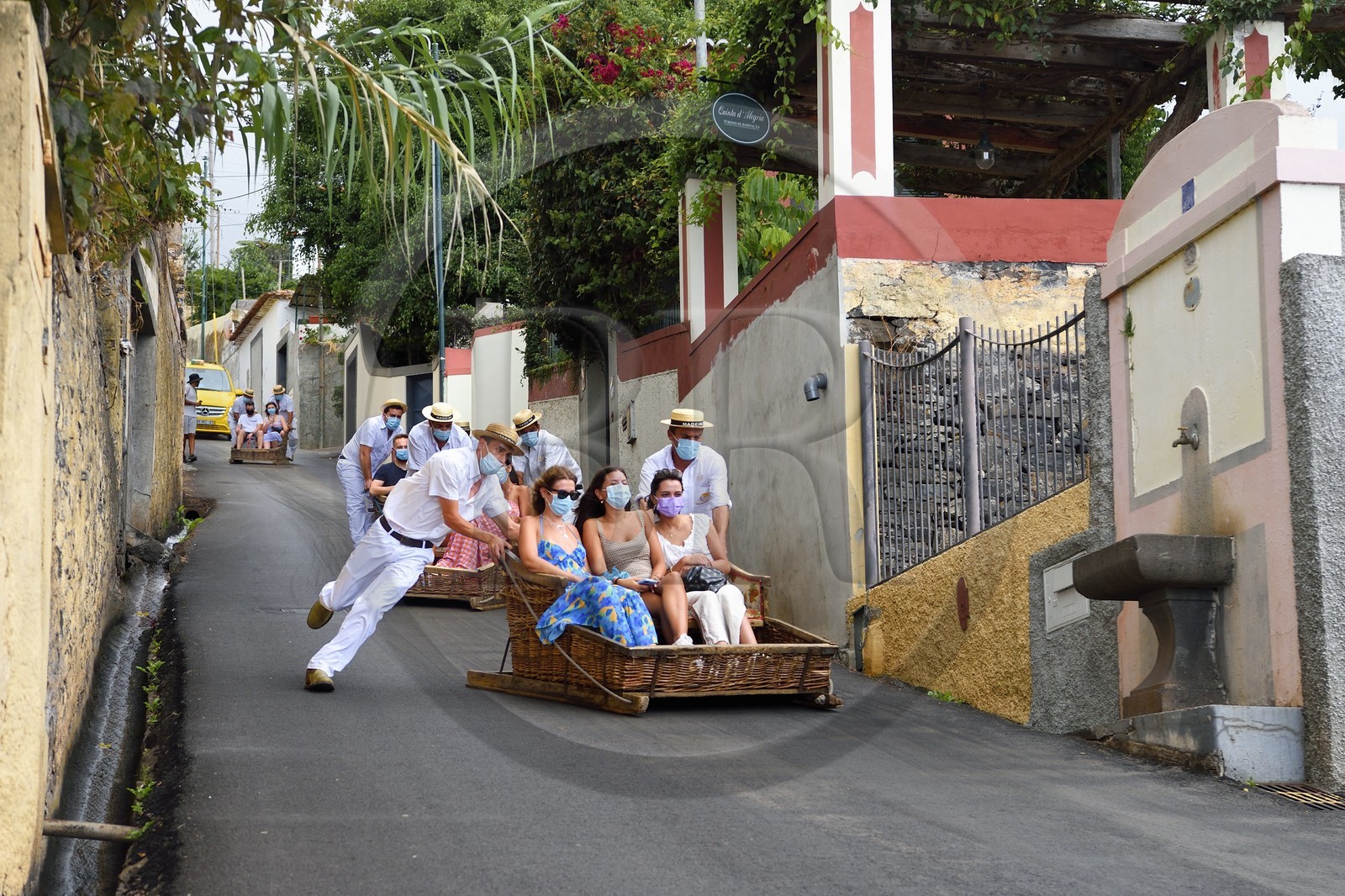 Portugal, Ile de Madère, Funchal, touristes effectuant la descente depuis le jardin tropical en traditionnel panier d'osier sur la route camino do Monte