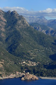 France, Corse du Sud, Porto Gulf, listed as World Heritage by UNESCO, the Genoese tower above the port pass of Porto (aerial view)
