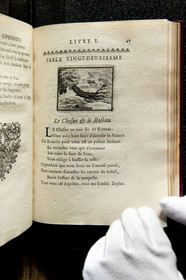 France, Aisne, Château-Thierry, Jean de La Fontaine Museum - city of Chateau-Thierry, first edition of the La Fontaine's Fables book, Edition Claude Barbin and Denys Thierry, 1668, in-4, illustrated by François Chauveau, the Oak and the Reed fable XXII of book I