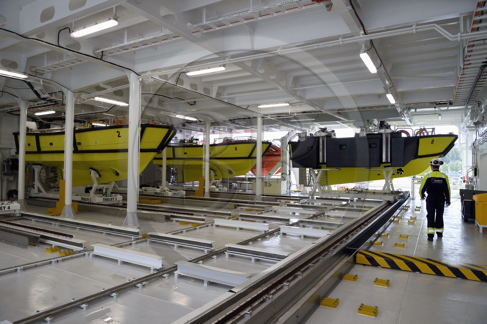 Norvège, comté d'Ostfold, Halden, navire cablier Nexans Aurora, la cale qui gère automatiquement les bateaux de travail