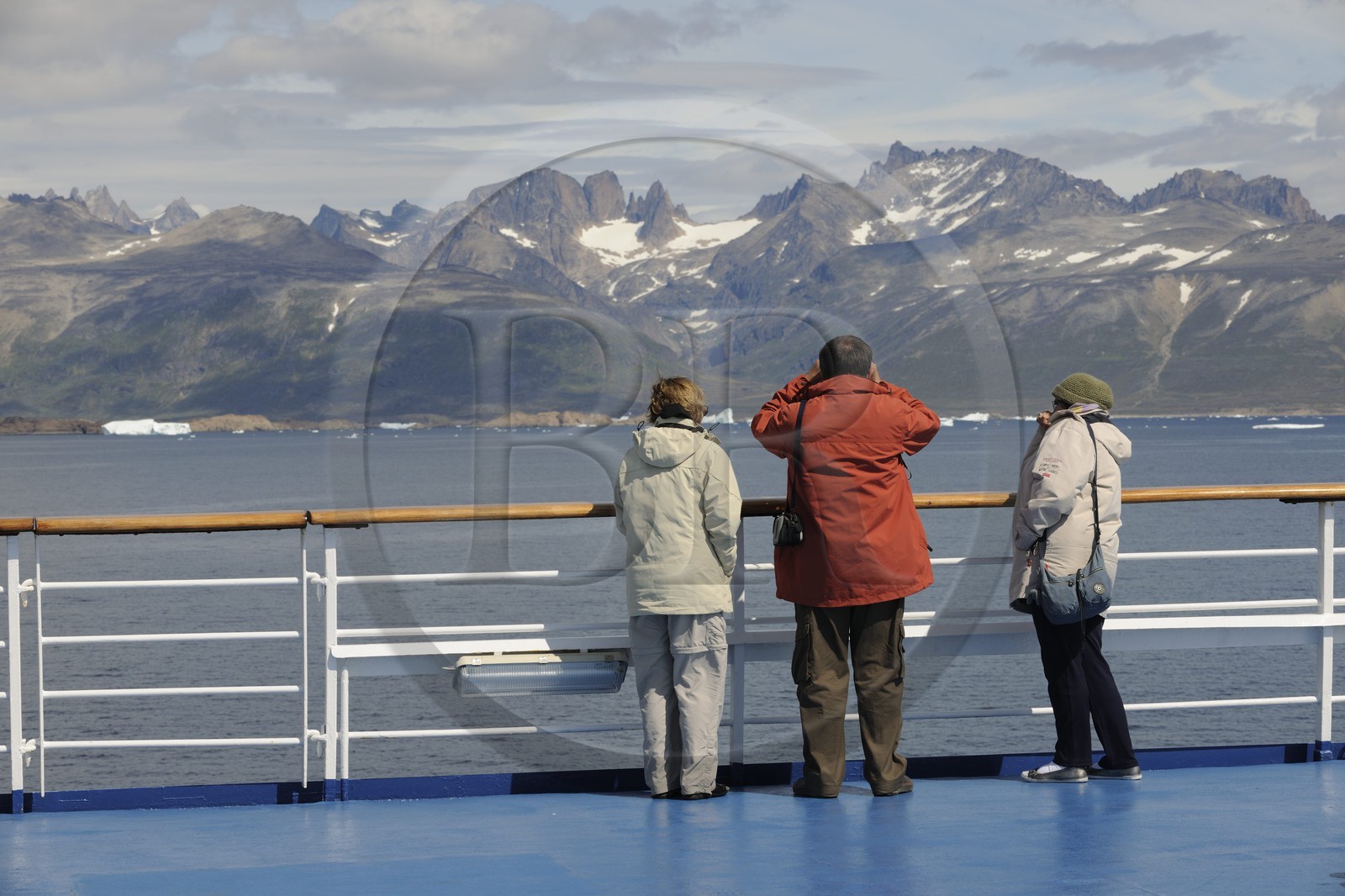 Greenland, Southern Region, Princess Danae cruise ship passing icebergs off Nanortalik