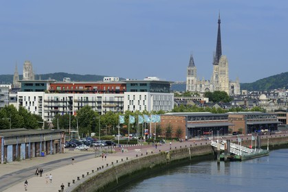 France, Seine Maritime, Rouen, the former docks on the Seine banks and Notre Dame cathedral