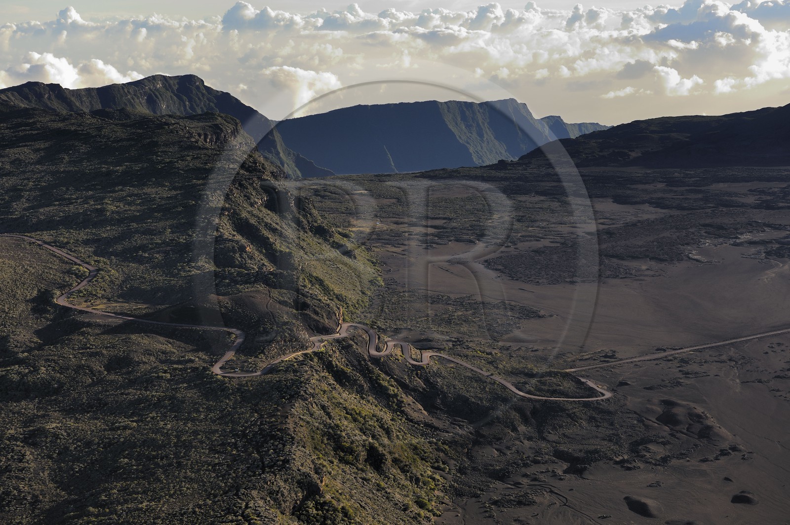 France, Reunion island (French overseas department), Piton de la Fournaise, listed as World Heritage by UNESCO volcano, Plaine des Sables (aerial view)