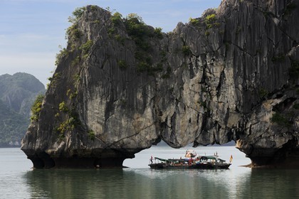 Vietnam, province de Quang Ninh, la Baie d'Halong classée Patrimoine Mondial de l'UNESCO, regroupement de bateaux de pêche sous une arche naturelle d'un ilot calcaire