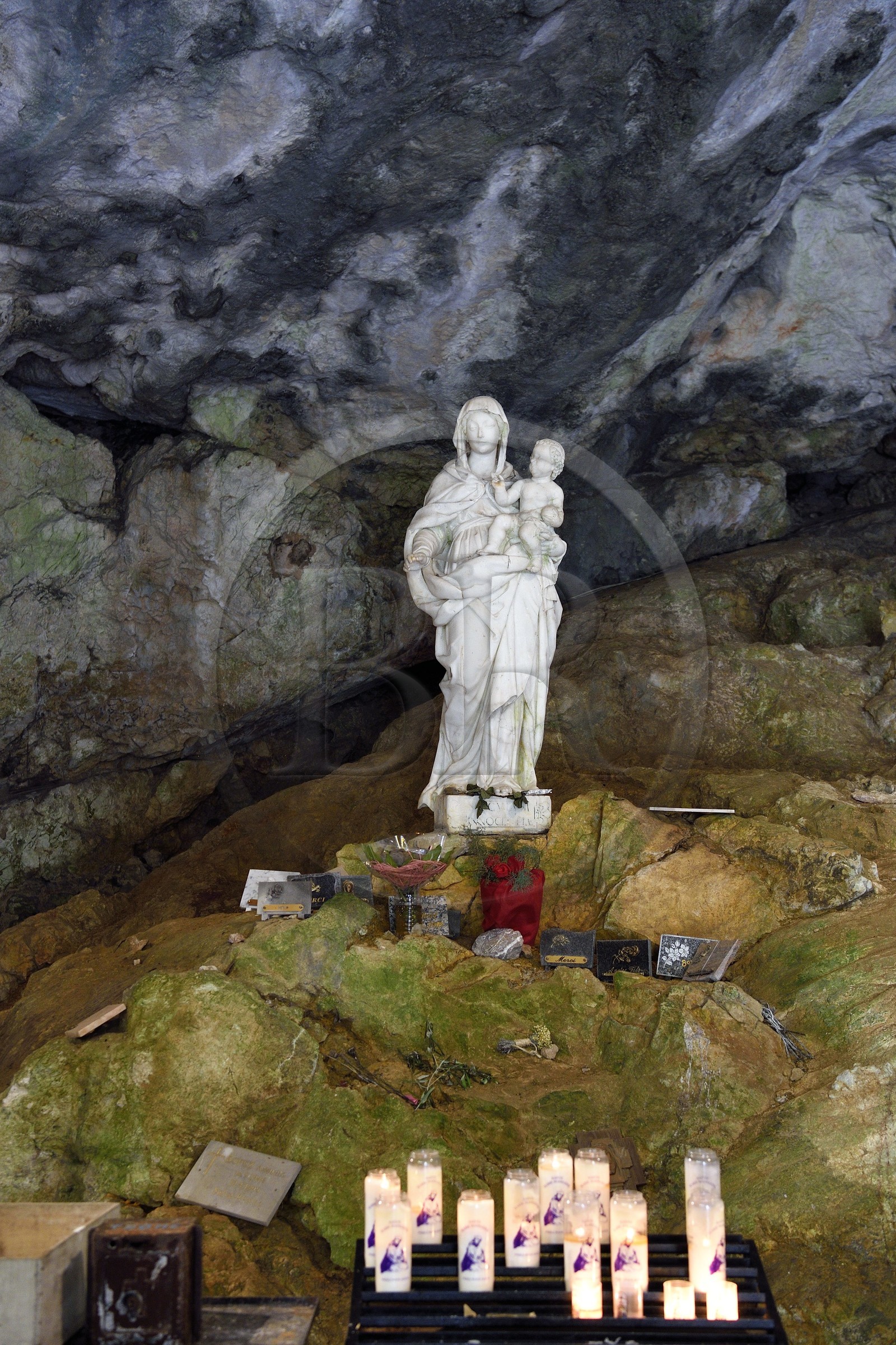 France, Var, Plan d'Aups Sainte Baume, Sainte-Baume Regional Nature Park, Sainte Baume massif, the cave sanctuary of Sainte Marie-Madeleine (St. Mary Magdalene), statue of the Virgin and Child saved by the inhabitants of Plan-d'Aups during the destruction of the buildings of the sanctuary during the French Revolution