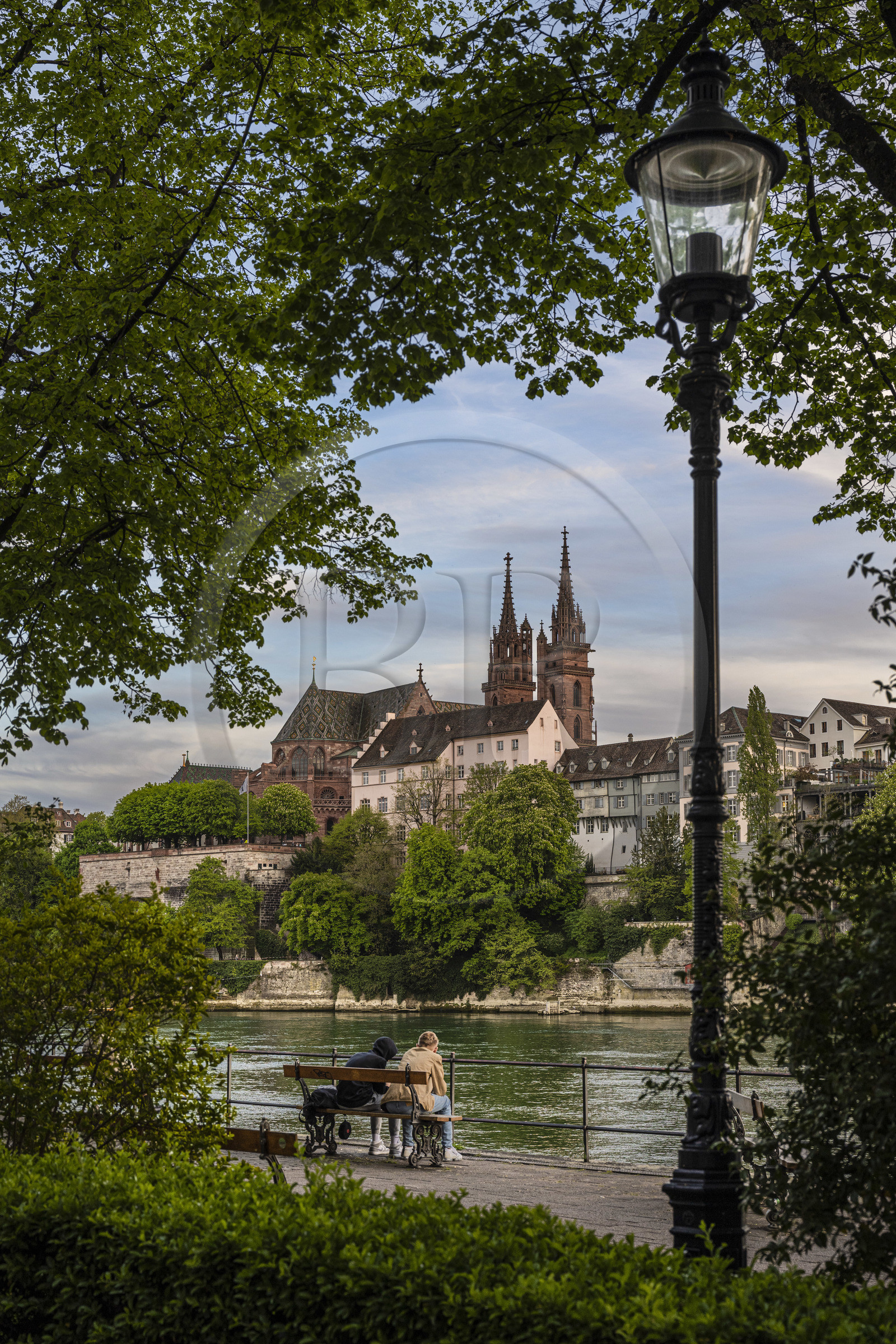 Suisse, Bâle, les quais du quartier du Petit Bâle sur la rive droite du Rhin et la cathédrale protestante Notre-Dame de Bâle (Munster) en arrière plan
