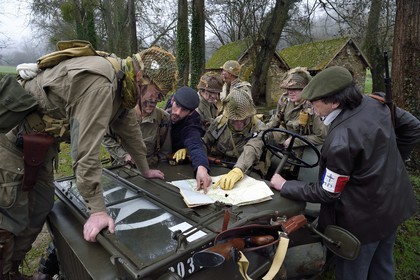 France, Eure, Sainte Colombe prés Vernon, Allied Reconstitution Group (US World War 2 and french Maquis historical reconstruction Association), reenactors in uniform of the 101st US Airborne Division and partisans of the French Forces of the Interior (FFI)