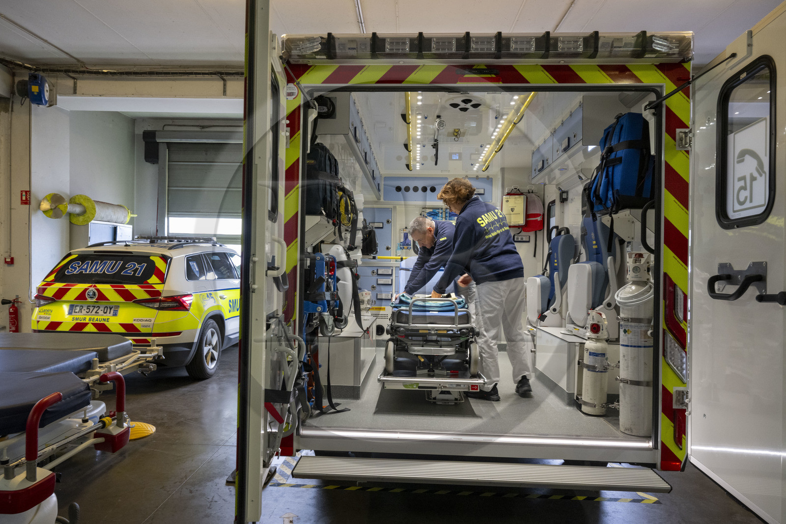 France, Cote d'Or, Climats terroirs of Burgundy listed as World Heritage by UNESCO, Beaune, Hospices Civils de Beaune, the hospital center, new medical truck from the SMUR (emergency rapid response unit) acquired thanks to income from the Hôtel-Dieu and the Hospices de Beaune wine estate