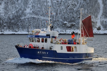 Norvège, Nordland, iles des Westeralen, région de Myre, bateau de pêche du cabillaud skrei