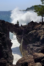 France, Reunion island (French overseas department), Saint-Joseph, the small port of the Marine de Langevin in a natural corridor of basalt rock from an old lava flow which allowed the installation of a landing stage