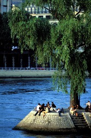 France, Paris, banks of the Seine river listed as World Heritage by UNESCO, last sun rays on the headland of the Ile de la Cite