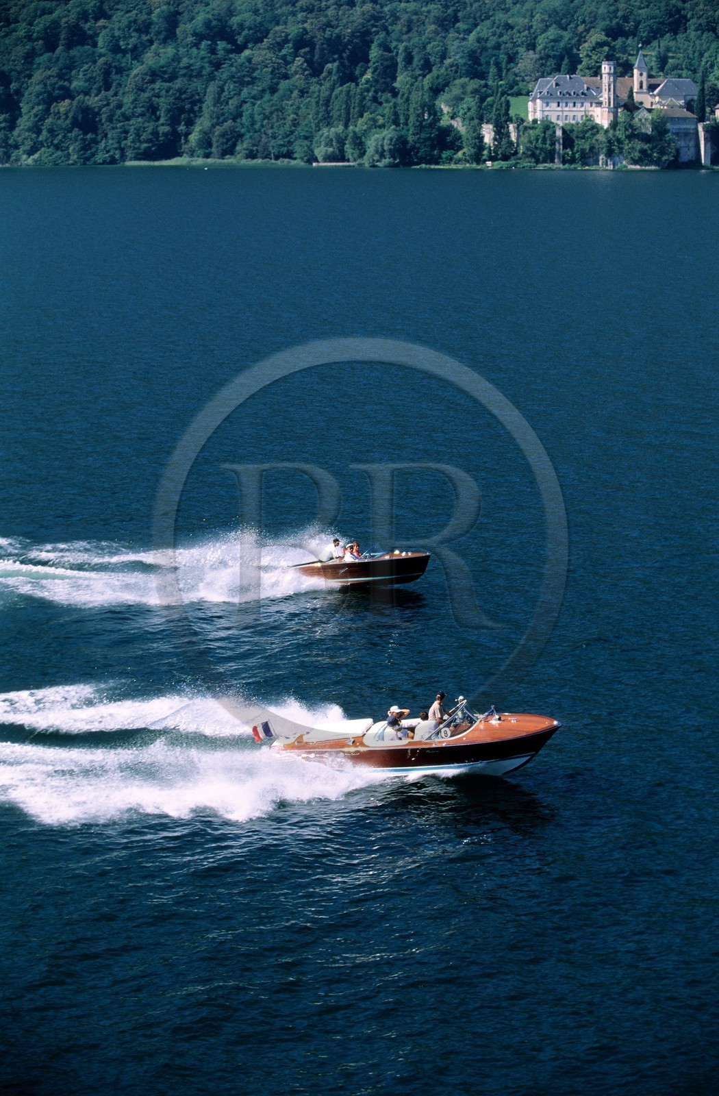 France, Savoie, navig'aix on the Bourget lake, famous Riva wooden motorboat (aerial view)