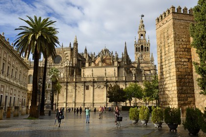 Espagne, Andalousie, Séville, quartier de Santa Cruz, la Giralda, ancien minaret almohade de la Grande Mosquée reconverti en clocher de la cathédrale, classé Patrimoine Mondial de l'UNESCO et les remparts de l'Alcazar