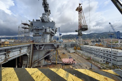 France, Var, Toulon, the naval base (Arsenal), the Charles de Gaulle nuclear-powered aircraft carrier on mid-life renovation, one of the giant elevators for the planes and the central island